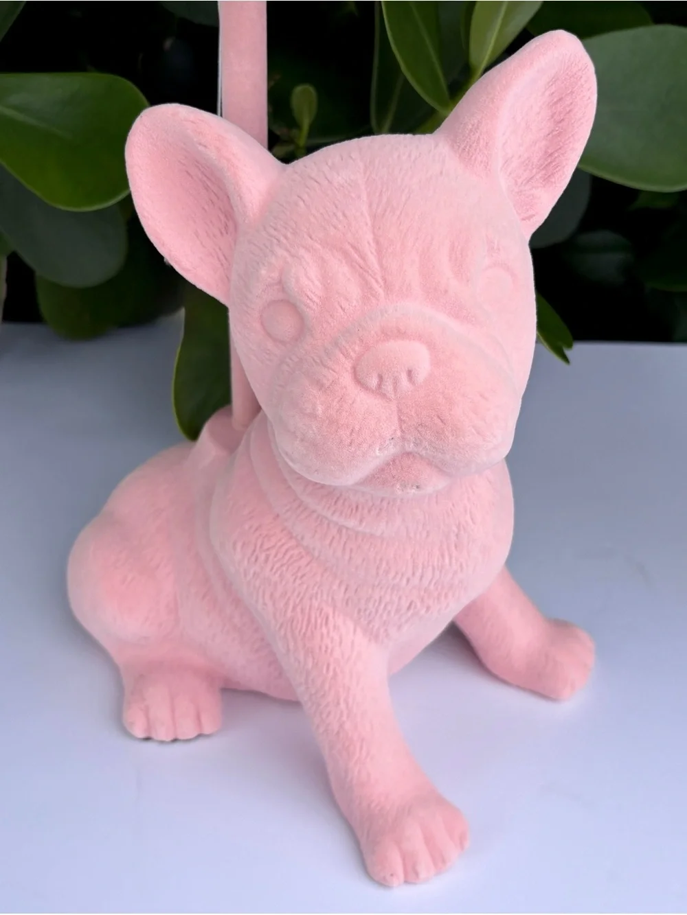 Pink Suede Frenchie French Bulldog Lamp Dog Puppy Velvet Fringe Shade (on left)